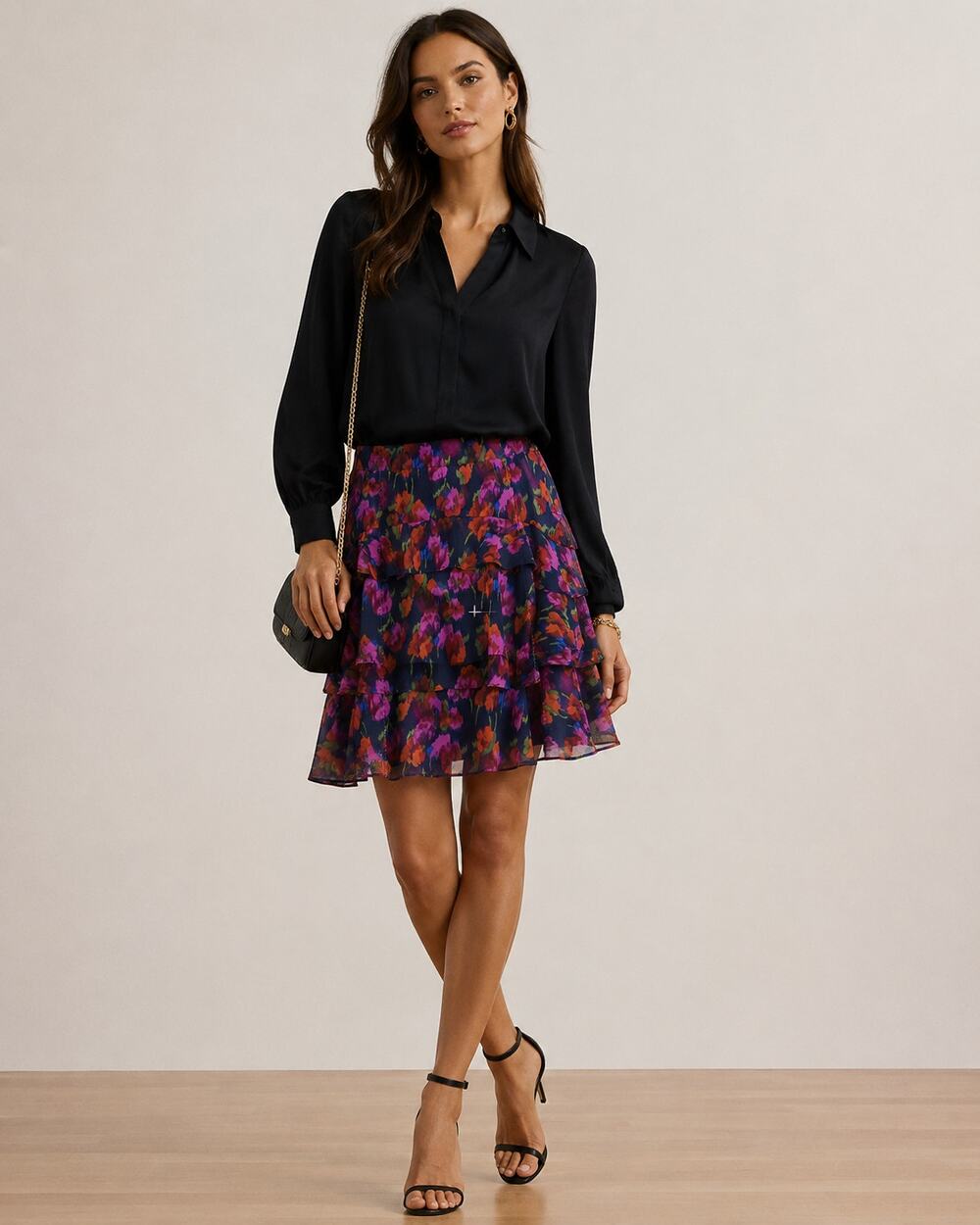 Lauren Ralph Lauren Black Label SZ 10 Floral Crinkle Georgette Tiered Skirt